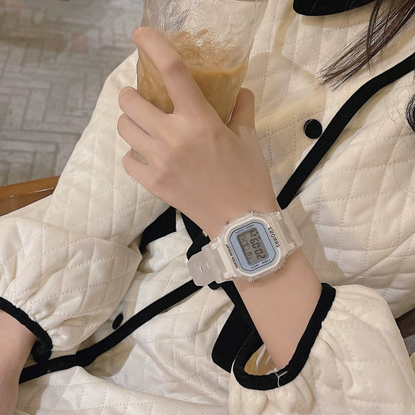 Multifunctional Casual Electronic Watch With Luminous Square Design Plastic Case Plastic Mirror And Silicone Strap For Men And Women Students