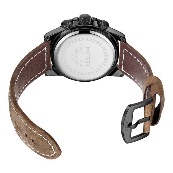 Multifunctional Chronograph Leather Sports Quartz Watch For Men Alloy Case Genuine Leather Strap Stainless Steel Clasp Round Dial
