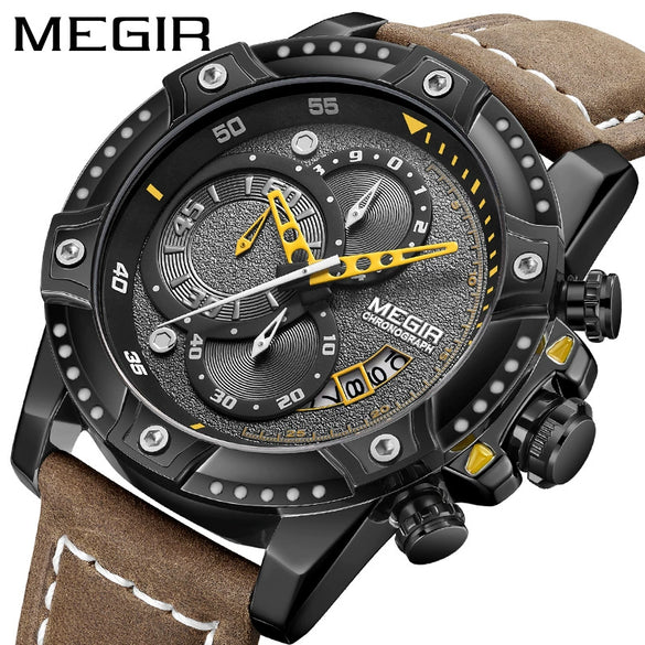 Multifunctional Chronograph Leather Sports Quartz Watch For Men Alloy Case Genuine Leather Strap Stainless Steel Clasp Round Dial