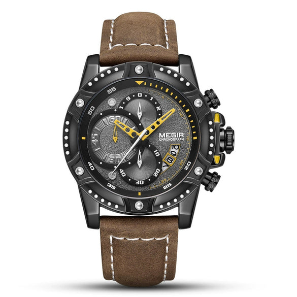 Multifunctional Chronograph Leather Sports Quartz Watch For Men Alloy Case Genuine Leather Strap Stainless Steel Clasp Round Dial