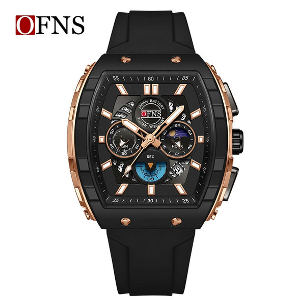 Multifunctional Chronograph Quartz Watch Abs Case Silicone Strap Wine Barrel Shape For Men