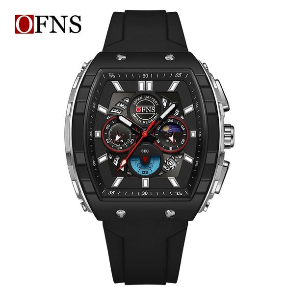 Multifunctional Chronograph Quartz Watch Abs Case Silicone Strap Wine Barrel Shape For Men