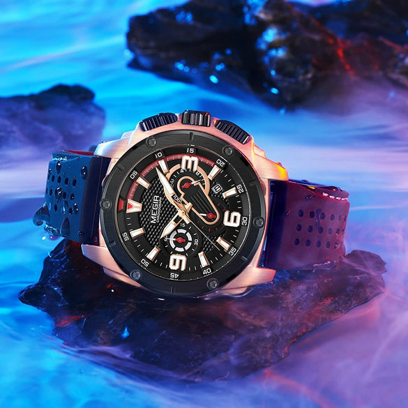 Multifunctional Chronograph Sport Men's Watch Alloy Case Mineral Strengthened Glass Mirror Silicone Strap Stainless Steel Clasp Round Dial