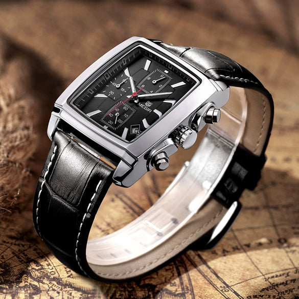 Multifunctional Chronograph Sports Men's Watch Alloy Case Genuine Leather Strap Stainless Steel Clasp Mineral Strengthened Glass Mirror Rectangle Dial