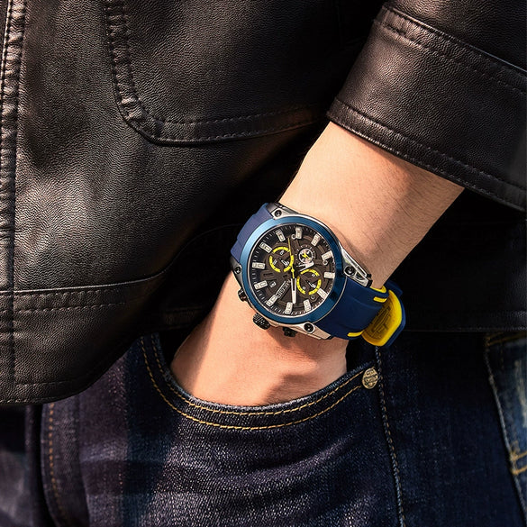 Multifunctional Chronograph Sports Watch For Men Alloy Case Silicone Strap Mineral Strengthened Glass Mirror Round Dial
