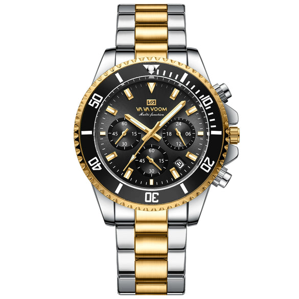 Multifunctional Chronograph Threeeye Quartz Watch Alloy Case Stainless Steel Strap Round Dial Business Style Waterproof Luminous For Men
