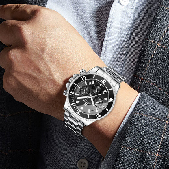 Multifunctional Chronograph Threeeye Quartz Watch Alloy Case Stainless Steel Strap Round Dial Business Style Waterproof Luminous For Men