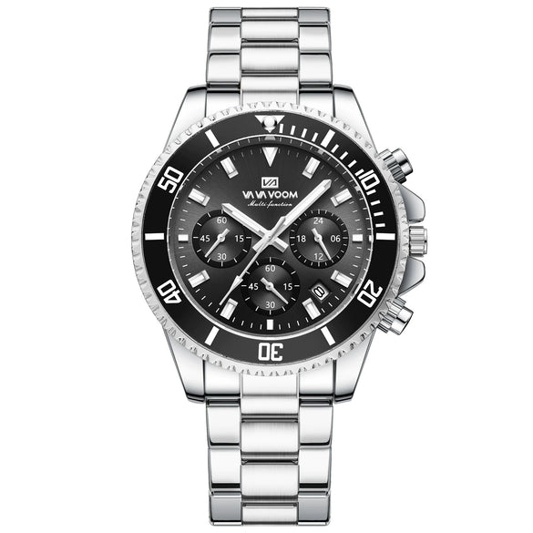 Multifunctional Chronograph Threeeye Quartz Watch Alloy Case Stainless Steel Strap Round Dial Business Style Waterproof Luminous For Men