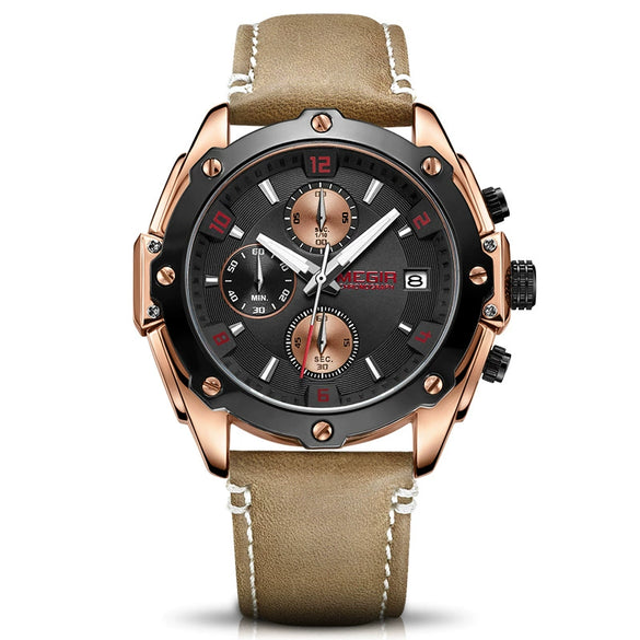 Multifunctional Chronograph Unisex Couple Quartz Watch Alloy Case Genuine Leather Strap Round Dial