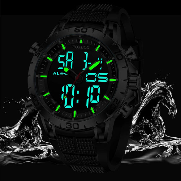 Multifunctional Double Display Sports Watch Metal Case Mineral Strengthened Glass Mirror Silicone Strap Round Dial For Men
