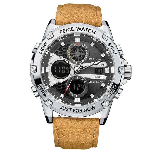 Multifunctional Dual Display Chronograph Luminous Large Dial Men's Watch Alloy Case Genuine Leather Strap Round Dial