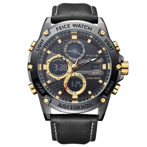 Multifunctional Dual Display Chronograph Luminous Large Dial Men's Watch Alloy Case Genuine Leather Strap Round Dial