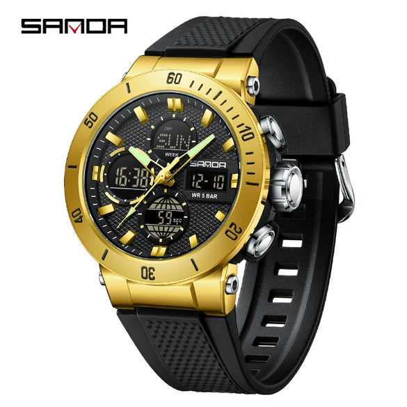 Multifunctional Electronic Men's Watch With Dual Display Round Dial Acrylic Mirror Tpu Strap Abs Material For Outdoor Sports