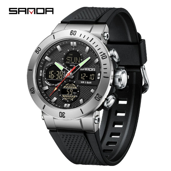 Multifunctional Electronic Men's Watch With Dual Display Round Dial Acrylic Mirror Tpu Strap Abs Material For Outdoor Sports