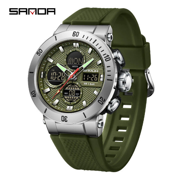 Multifunctional Electronic Men's Watch With Dual Display Round Dial Acrylic Mirror Tpu Strap Abs Material For Outdoor Sports