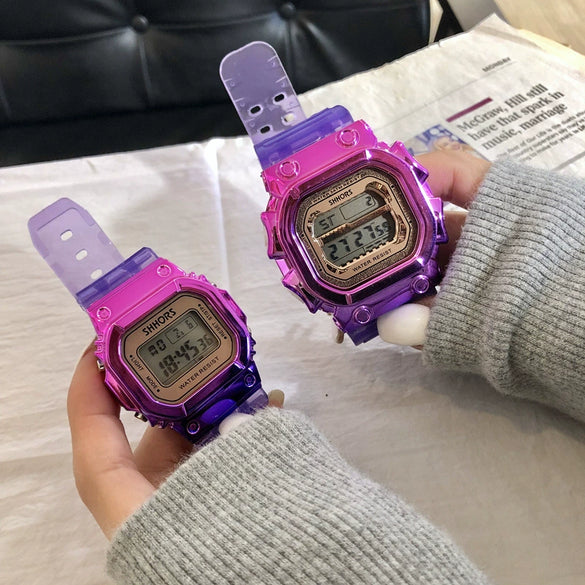 Multifunctional Electronic Watch Leisure Style Plastic Case Silicone Strap Gradient Color Luminous For High School Men And Women