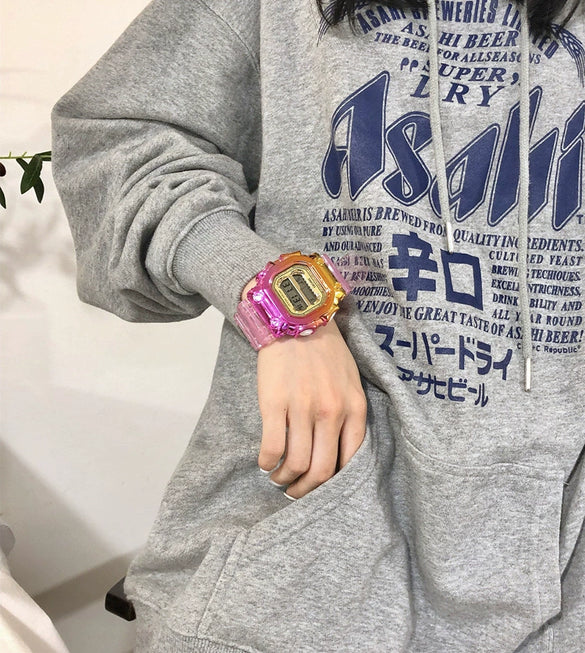 Multifunctional Electronic Watch Leisure Style Plastic Case Silicone Strap Gradient Color Luminous For High School Men And Women