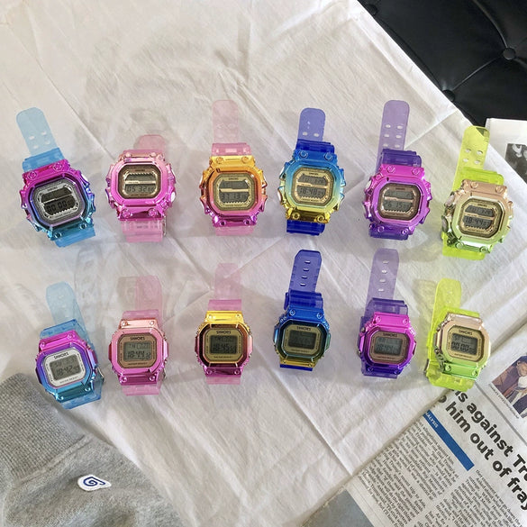 Multifunctional Electronic Watch Leisure Style Plastic Case Silicone Strap Gradient Color Luminous For High School Men And Women