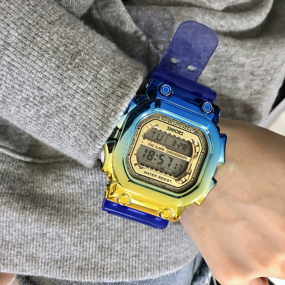Multifunctional Electronic Watch Leisure Style Plastic Case Silicone Strap Gradient Color Luminous For High School Men And Women