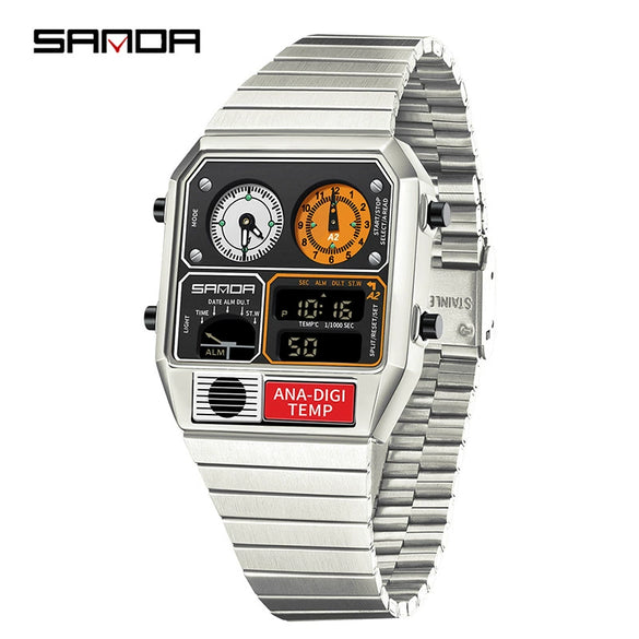 Multifunctional Electronic Watch Square Zinc Alloy Case Steel Band Highend Style