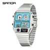 Multifunctional Electronic Watch Square Zinc Alloy Case Steel Band Highend Style
