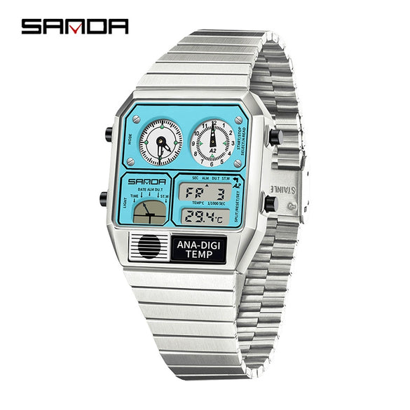 Multifunctional Electronic Watch Square Zinc Alloy Case Steel Band Highend Style