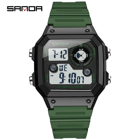 Multifunctional Electronic Waterproof Sports Watch Resin Stainless Steel Round For Men