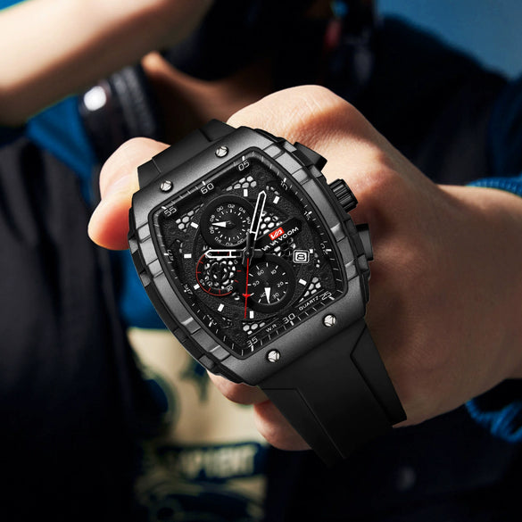 Multifunctional Fashion Business Waterproof Nonautomatic Mechanical Watch Alloy Case Stainless Steel Buckle Silicone Strap Mineral Reinforced Glass Mirror Square Dial