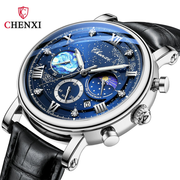 Multifunctional Fashion Men's Alloy Case Genuine Leather Strap Round Dial Quartz Watch With Luminous Chronograph Calendar