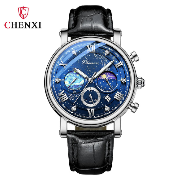 Multifunctional Fashion Men's Alloy Case Genuine Leather Strap Round Dial Quartz Watch With Luminous Chronograph Calendar