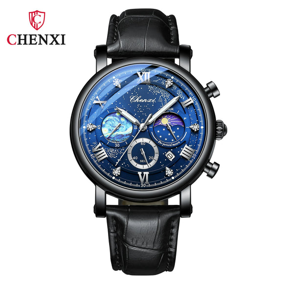 Multifunctional Fashion Men's Alloy Case Genuine Leather Strap Round Dial Quartz Watch With Luminous Chronograph Calendar
