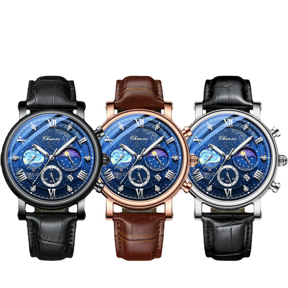 Multifunctional Fashion Men's Alloy Case Genuine Leather Strap Round Dial Quartz Watch With Luminous Chronograph Calendar