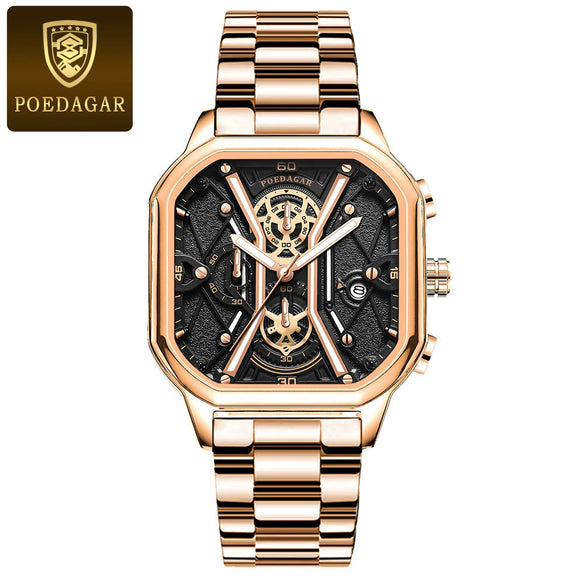 Multifunctional Fashion Men's Watch Alloy Case Stainless Steel Clasp And Strap Square Dial