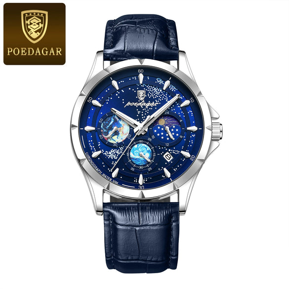 Multifunctional Men's Quartz Watch Alloy Case Genuine Leather Strap Round Dial Leisure Style