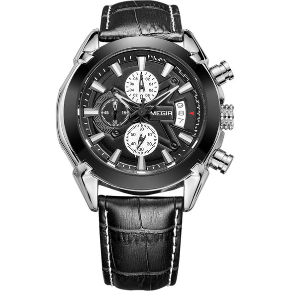 Multifunctional Men's Quartz Watch Casual Fashion Waterproof Alloy Case Genuine Leather Strap Round Dial