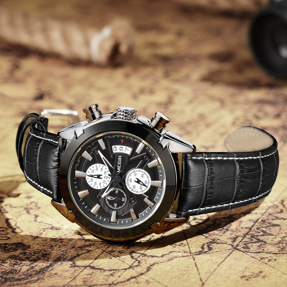 Multifunctional Men's Quartz Watch Casual Fashion Waterproof Alloy Case Genuine Leather Strap Round Dial