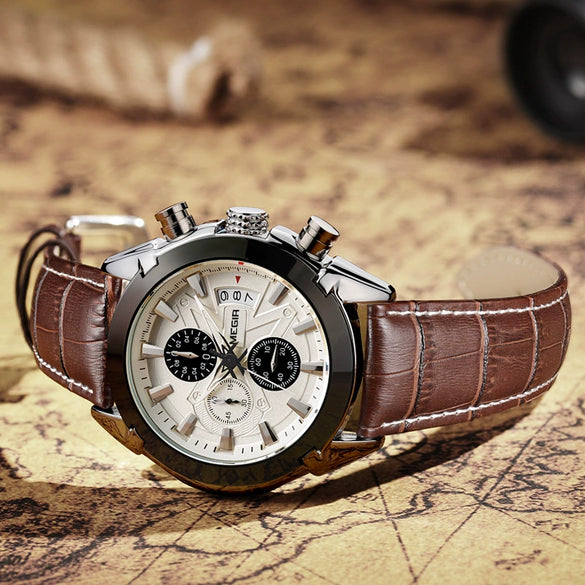Multifunctional Men's Quartz Watch Casual Fashion Waterproof Alloy Case Genuine Leather Strap Round Dial