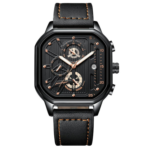 Multifunctional Men's Quartz Watch With Alloy Case Genuine Leather Strap And Square Dial
