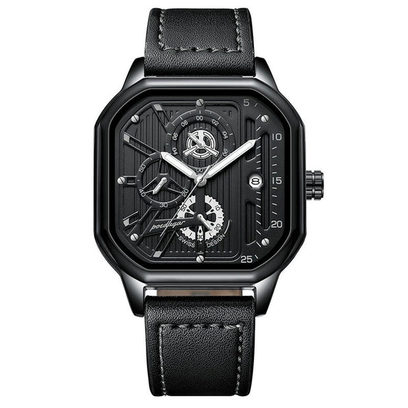 Multifunctional Men's Quartz Watch With Alloy Case Genuine Leather Strap And Square Dial