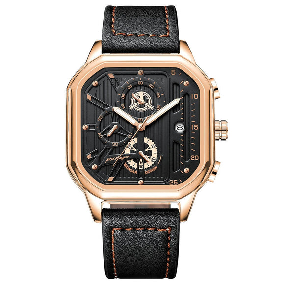 Multifunctional Men's Quartz Watch With Alloy Case Genuine Leather Strap And Square Dial