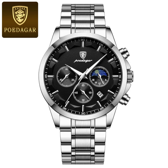 Multifunctional Men's Stainless Steel Band Quartz Watch With Round Dial And Onion Crown Leisure Style