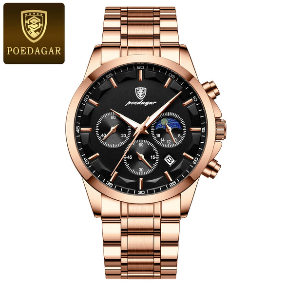 Multifunctional Men's Stainless Steel Band Quartz Watch With Round Dial And Onion Crown Leisure Style