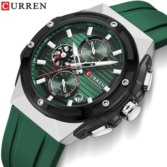 Multifunctional Silicone Band Sport Calendar Waterproof Casual Men's Alloy Case Ordinary Glass Mirror Round Dial Business Style Watch