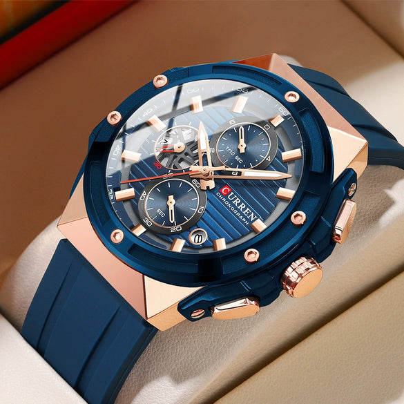 Multifunctional Silicone Band Sport Calendar Waterproof Casual Men's Alloy Case Ordinary Glass Mirror Round Dial Business Style Watch