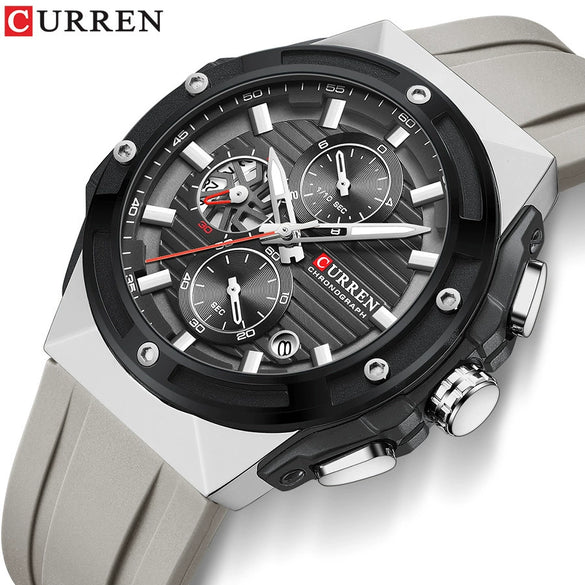 Multifunctional Silicone Band Sport Calendar Waterproof Casual Men's Alloy Case Ordinary Glass Mirror Round Dial Business Style Watch