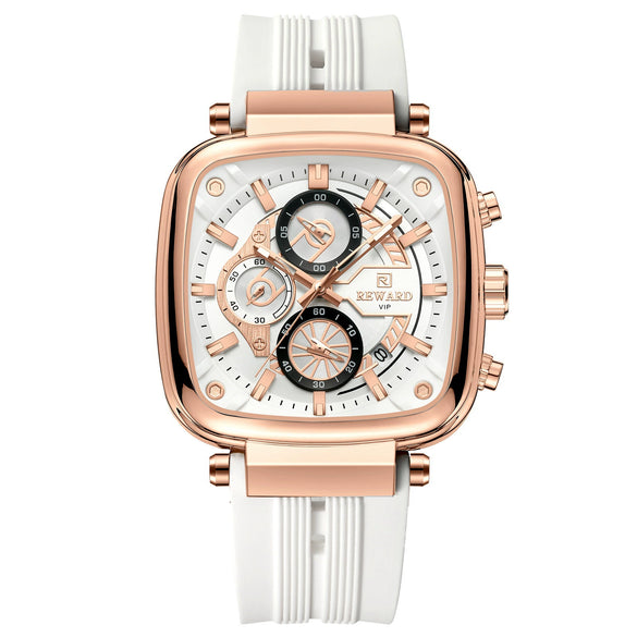 Multifunctional Sports Quartz Men's Watch With Silicone Strap Square Shape Waterproof Sixpin Chronograph Alloy Case Mineral Reinforced Mirror Stainless Steel Buckle
