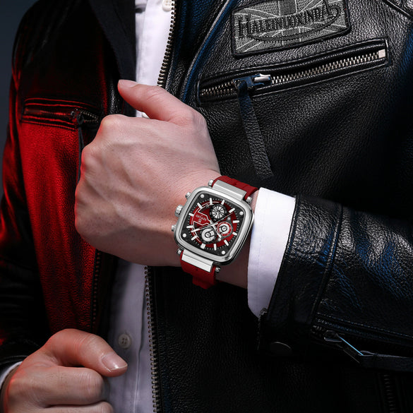 Multifunctional Sports Quartz Men's Watch With Silicone Strap Square Shape Waterproof Sixpin Chronograph Alloy Case Mineral Reinforced Mirror Stainless Steel Buckle