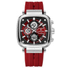 Multifunctional Sports Quartz Men's Watch With Silicone Strap Square Shape Waterproof Sixpin Chronograph Alloy Case Mineral Reinforced Mirror Stainless Steel Buckle