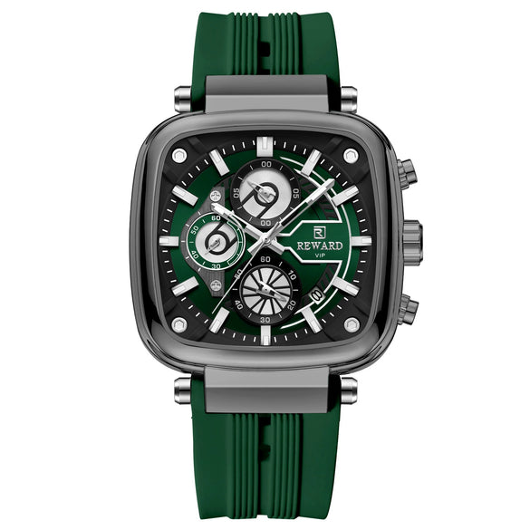 Multifunctional Sports Quartz Men's Watch With Silicone Strap Square Shape Waterproof Sixpin Chronograph Alloy Case Mineral Reinforced Mirror Stainless Steel Buckle