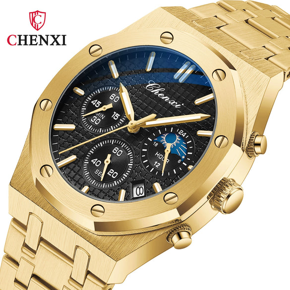 Multifunctional Sports Watch Men's Alloy Case Stainless Steel Band Octagon Dial Waterproof Quartz Watch